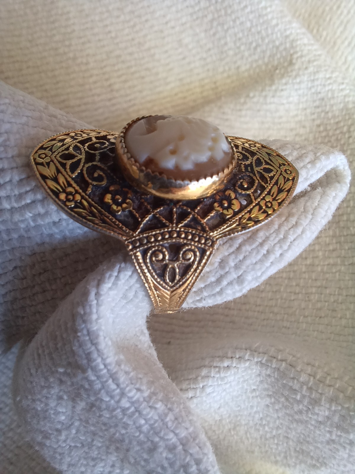 VINTAGE ART DECO JOE ESPOSITO ESPO CARVED SHELL CAMEO 18K HGE FILIGREE RING 7.25