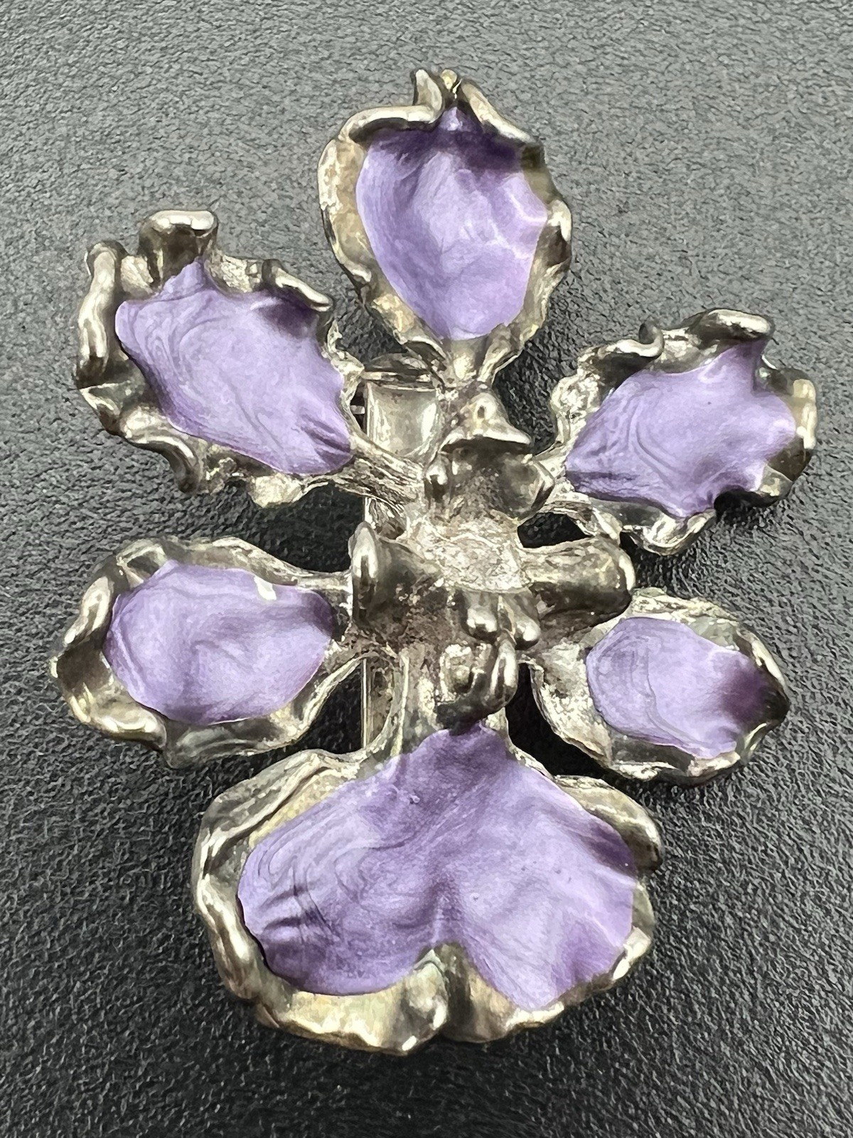 Vtg Purple Violet Iris Or Orchid Flower Enamel Convertible Brooch Pendant Pin
