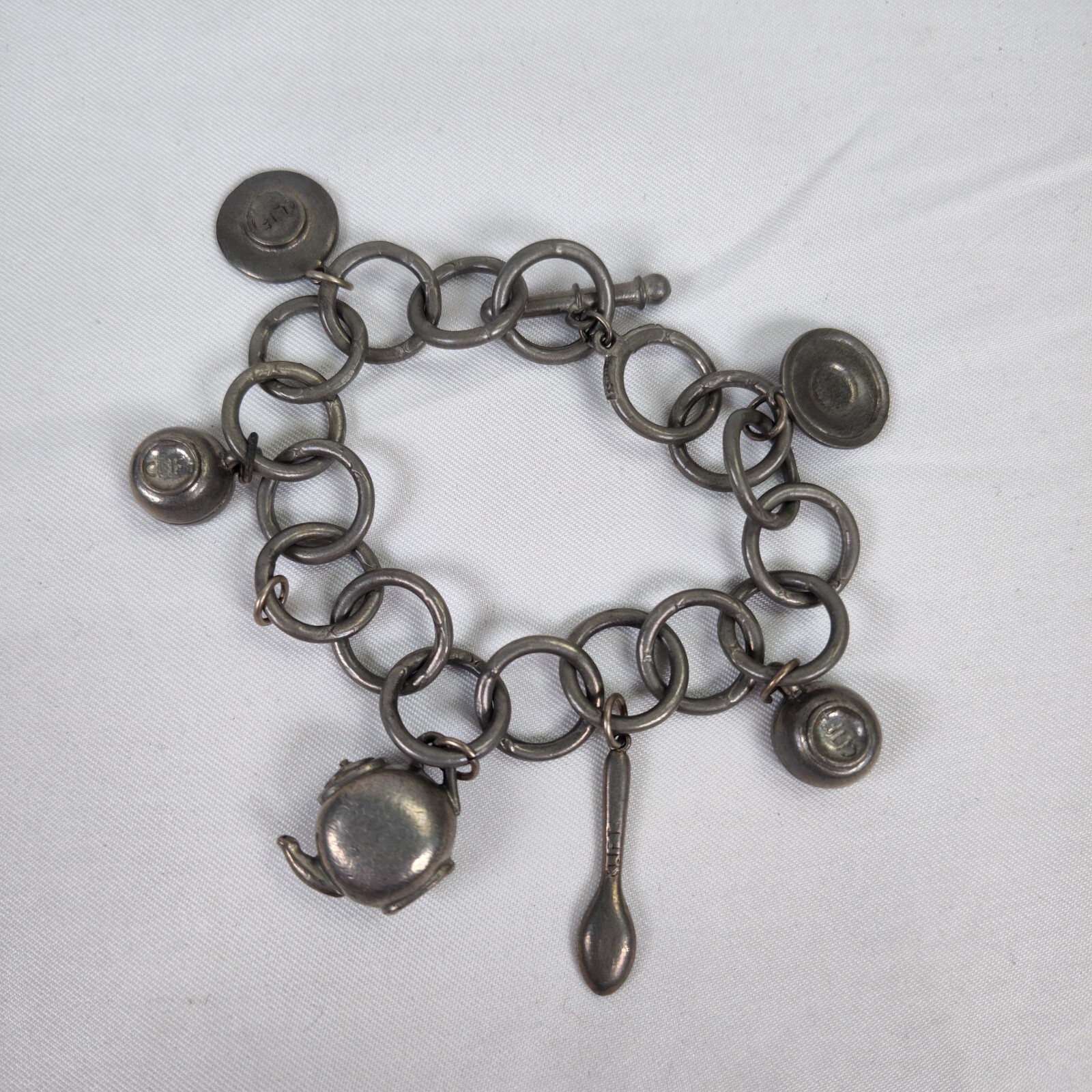 Jim Clift Pewter Tea Pot Charm Bracelet and Earrings Set Toggle Clasp