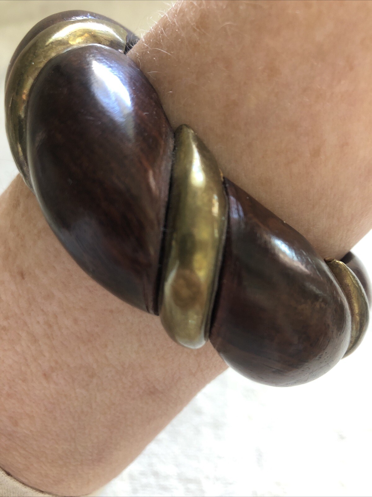 Vintage 1960’s Dark Brown Wooden Bangle with Gold Tone Metal Inlay Bracelet