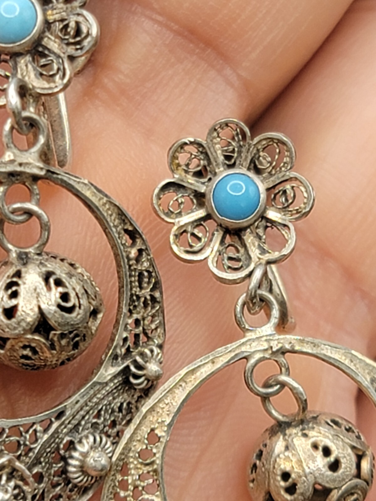 833 Silver Filigree Drop Earrings Turquoise Accent Dangle Vintage Ethnic