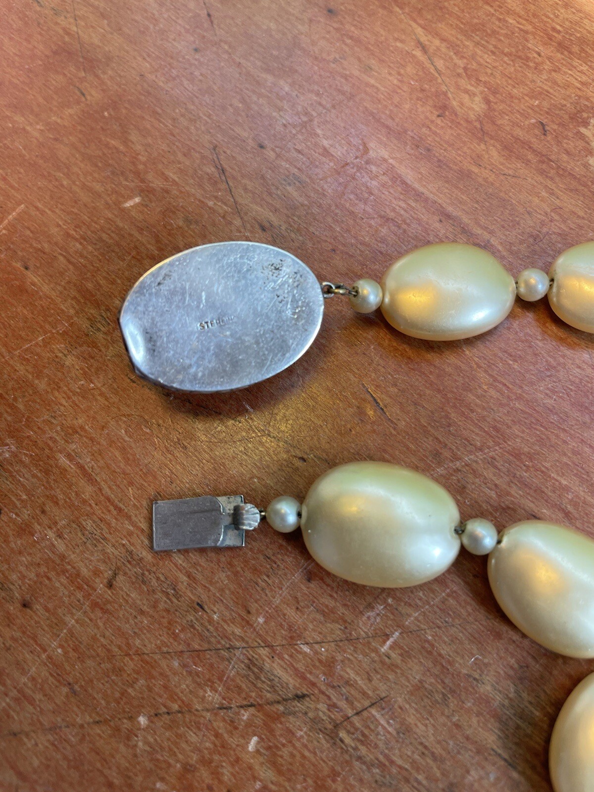 Vintage Sterling Silver Champagne Pearl Disk Necklace 16″