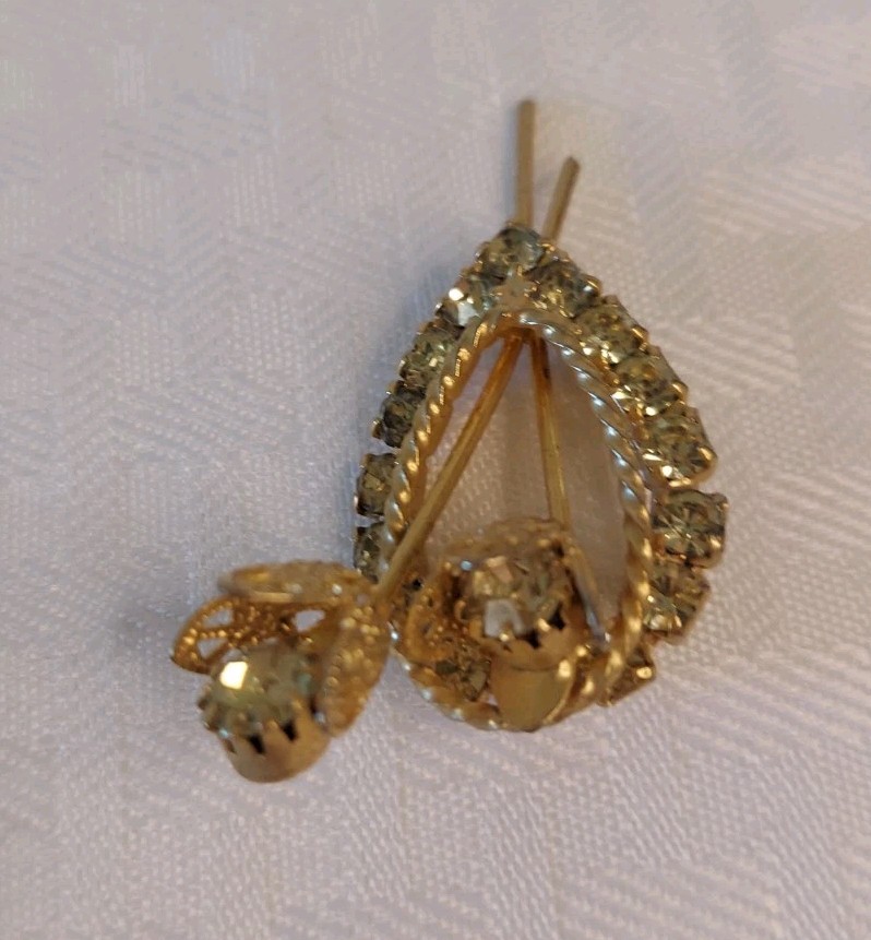 Vtg Gold-tone Lime Green Yellow Rhinestone Dual Flower Pin/Brooch Filigree