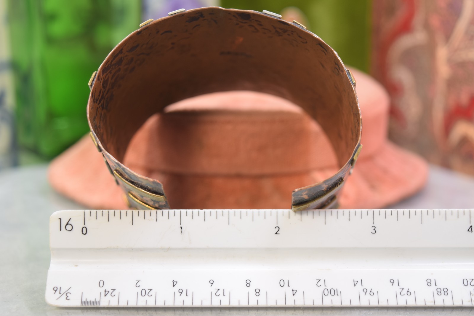 Vintage Mexico Mixed Metal Huge Aztec Bracelet Sterling Copper Brass 8″