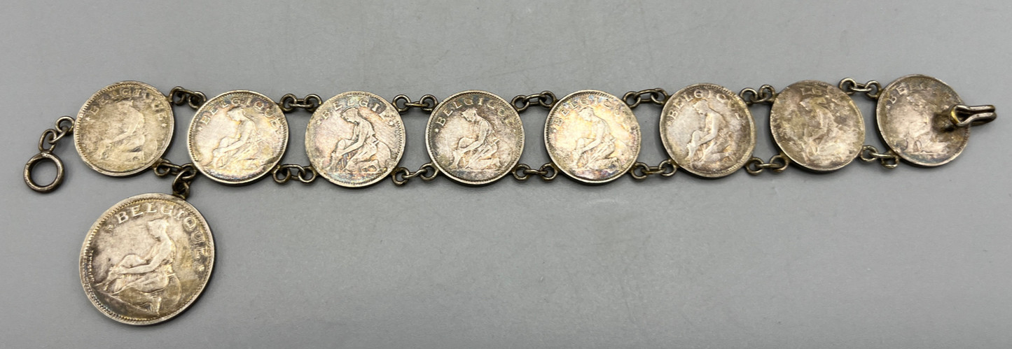 Belgian Silver Coin Bracelet Org Belgium Currency Hook Clasp 7″ Vintage