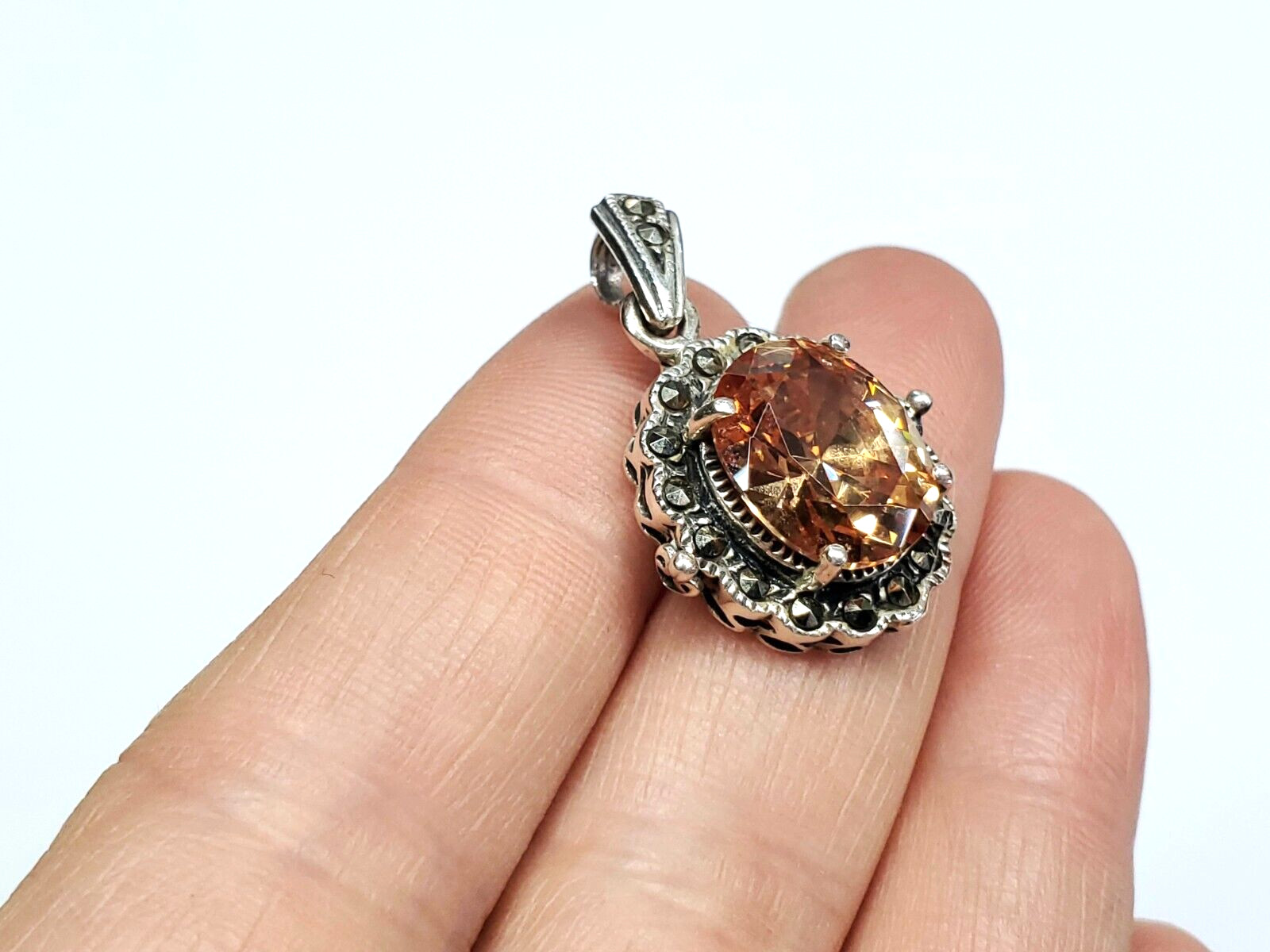 Vintage 1980s Signed Marsala Marcasite Faceted Peach Citrine Round Oval Pendant