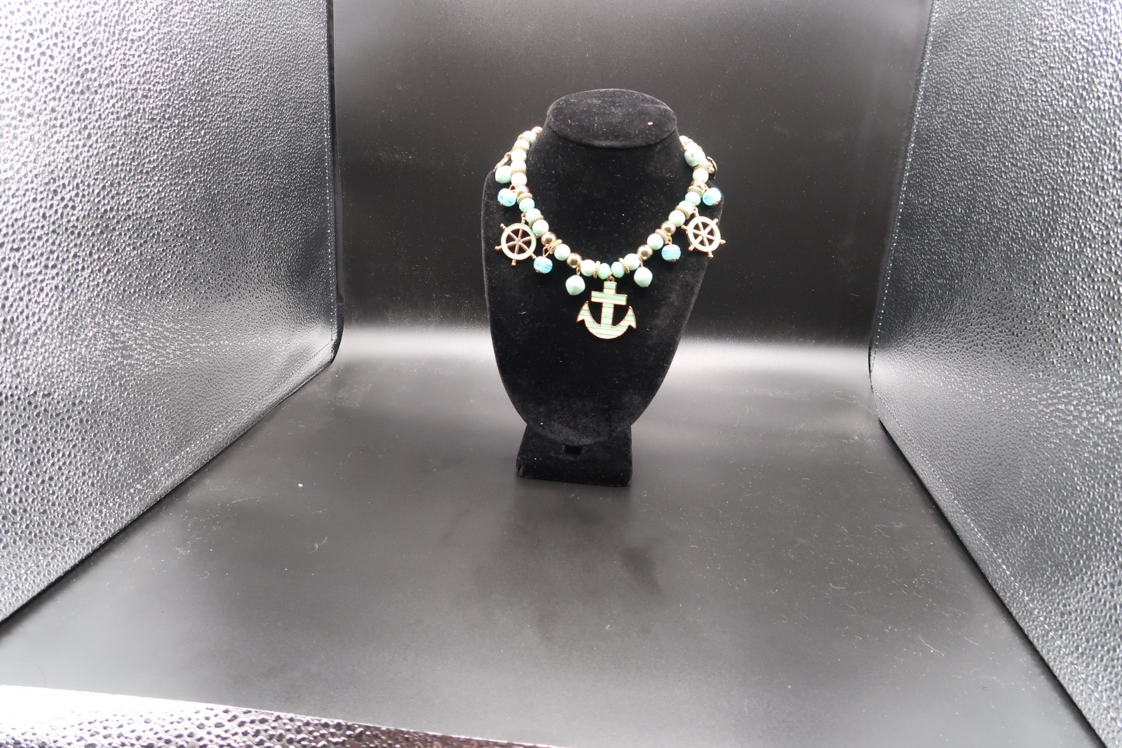 Vtg Nautical Beaded Charm Station Necklace Anchor Ship Wheel Teal & White Enamel