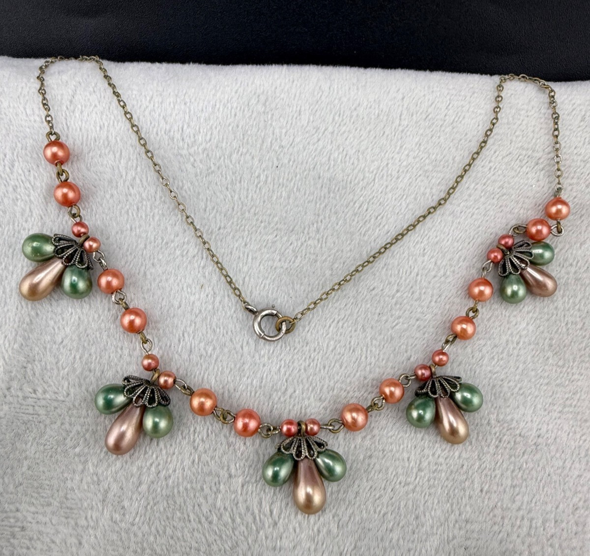 Vintage Dainty Faux Pearl Necklace Gold Tone Peach Green Brown 16”