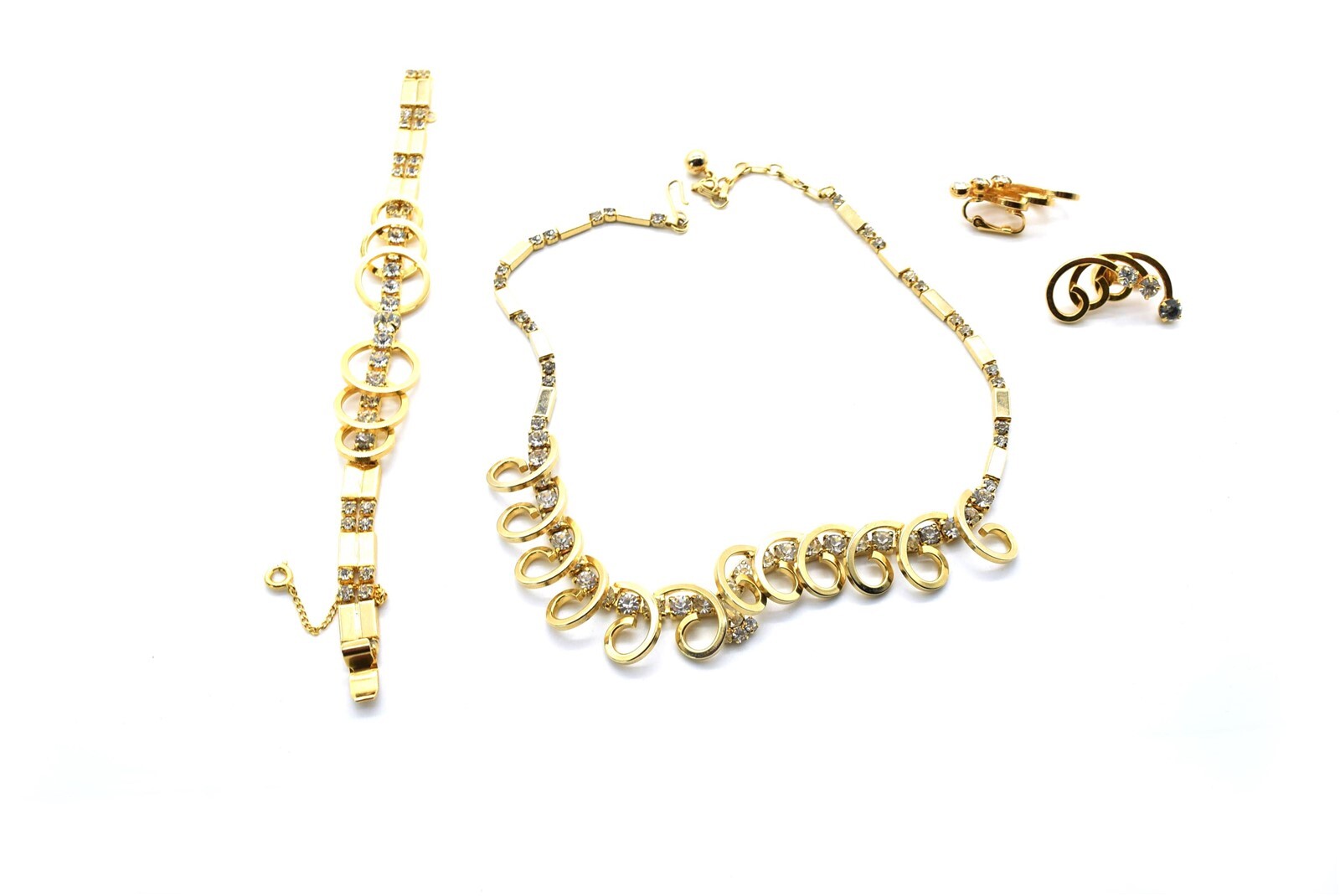 May Co. California Jewelry Set Necklace Bracelet Clip Earrings Gold Tone Crystal