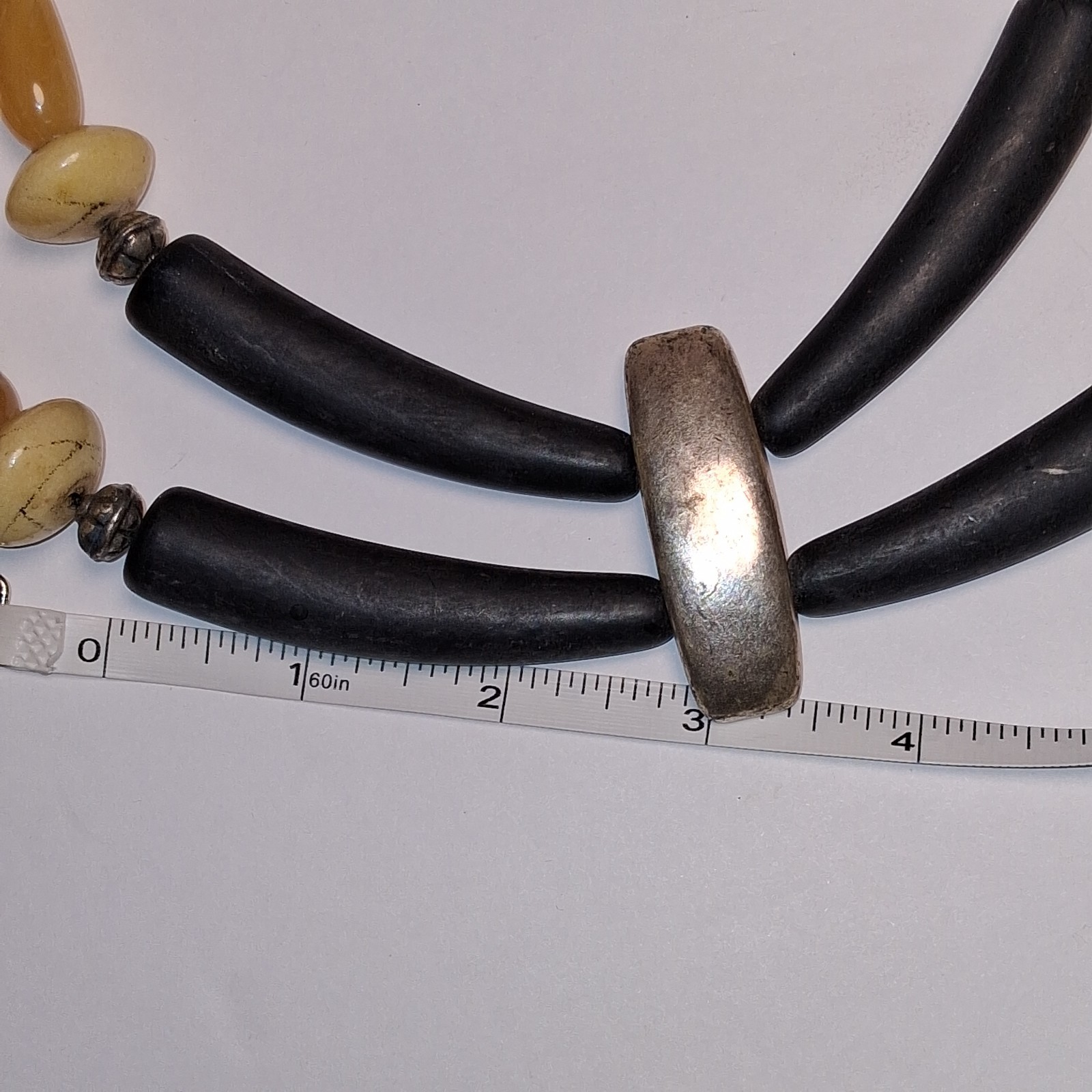 Vintage Les Bernard Double Strand Faux Horn Runway Necklace Black & Amber Resin