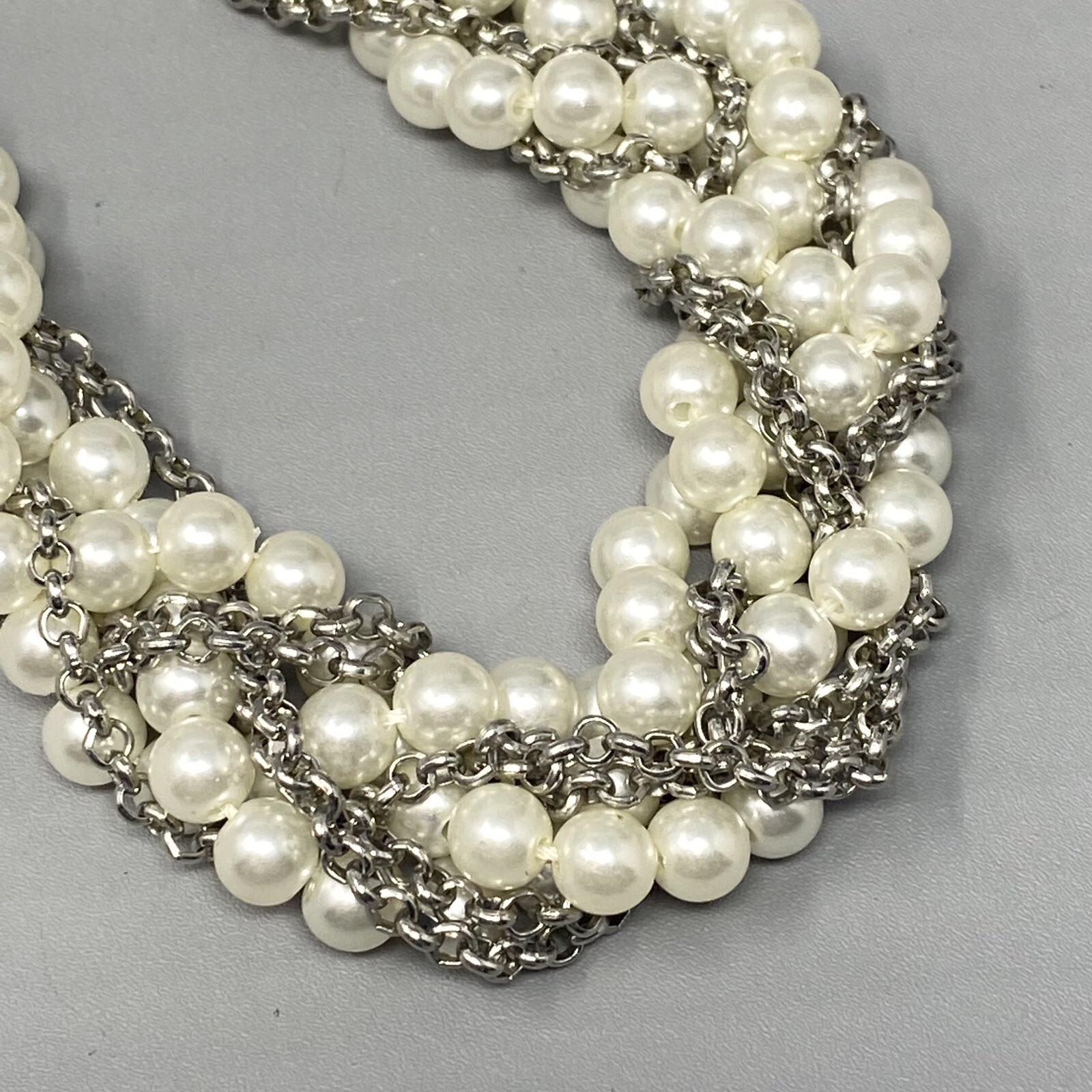 Sugarfix Baublebar Necklace Torsade Imitation Pearl Silver Tone Chain Twist 21″