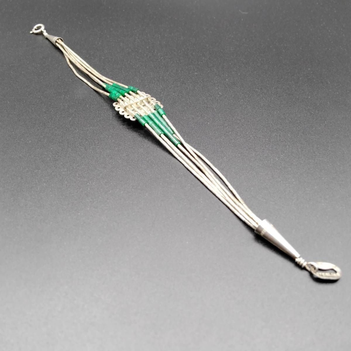 Malachite Square Cut Bead Silver Vintage Flower Bracelet 19cm