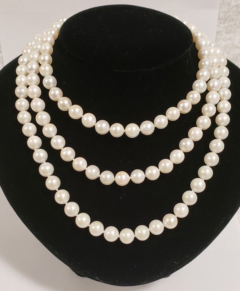 Vintage Cultured 8.4mm Pearl Necklace 14K Yellow Gold Clasp Length 48″