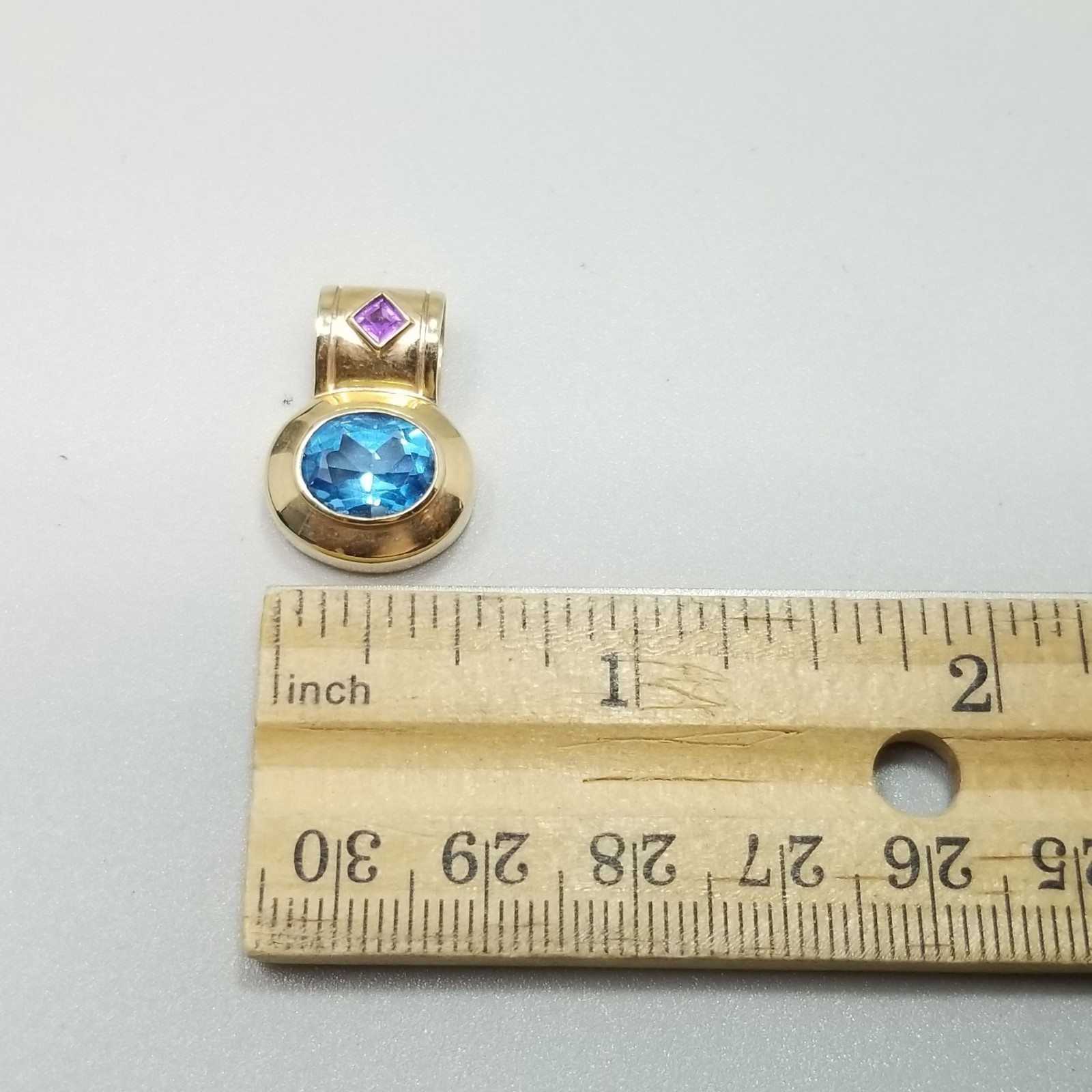 Vintage 14k Gold Oval Blue Topaz Pendant Large Slide Bail December Birthstone