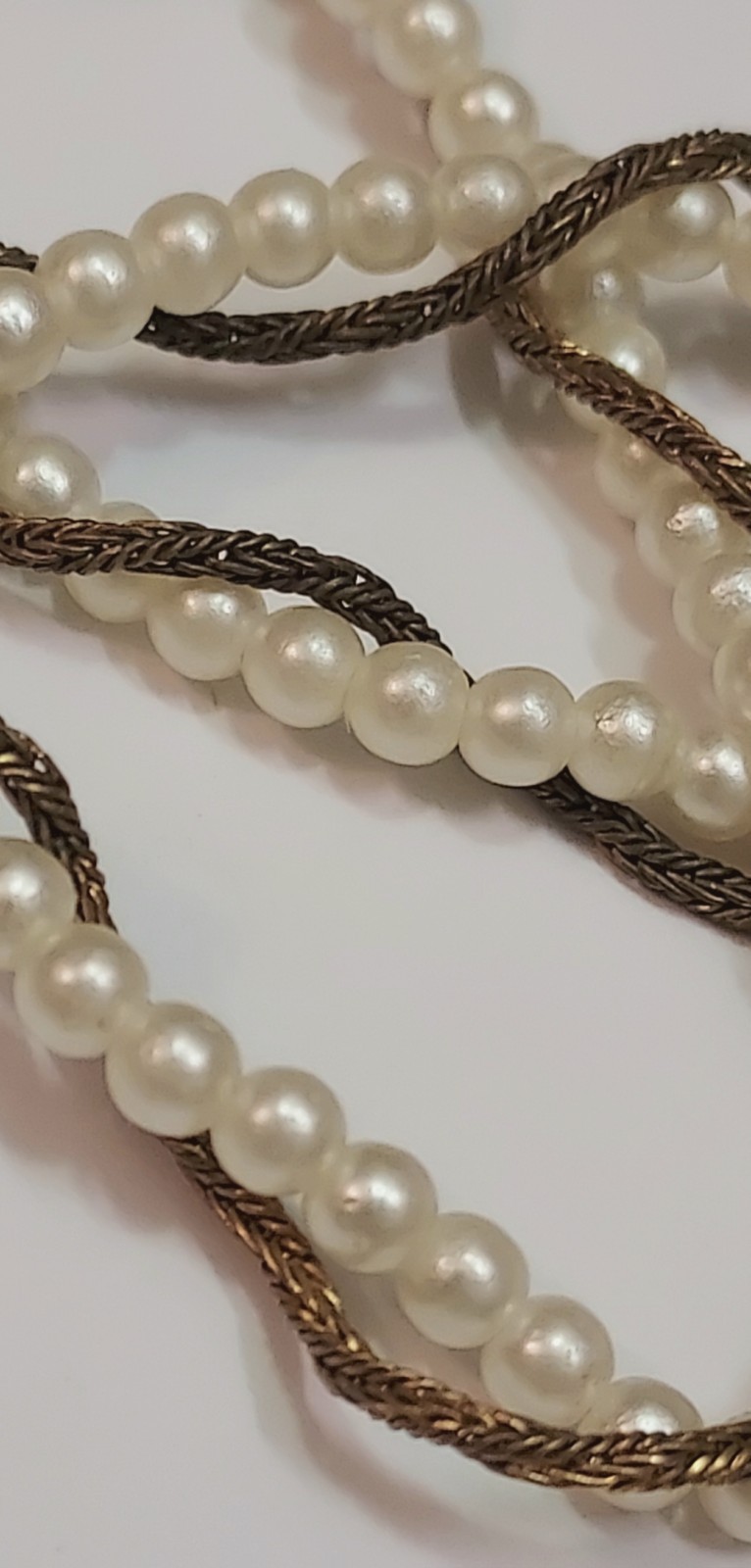 Miriam Haskell Vintage Necklace Faux Pearl Wheat Chain Bronze Tone Signed 34″