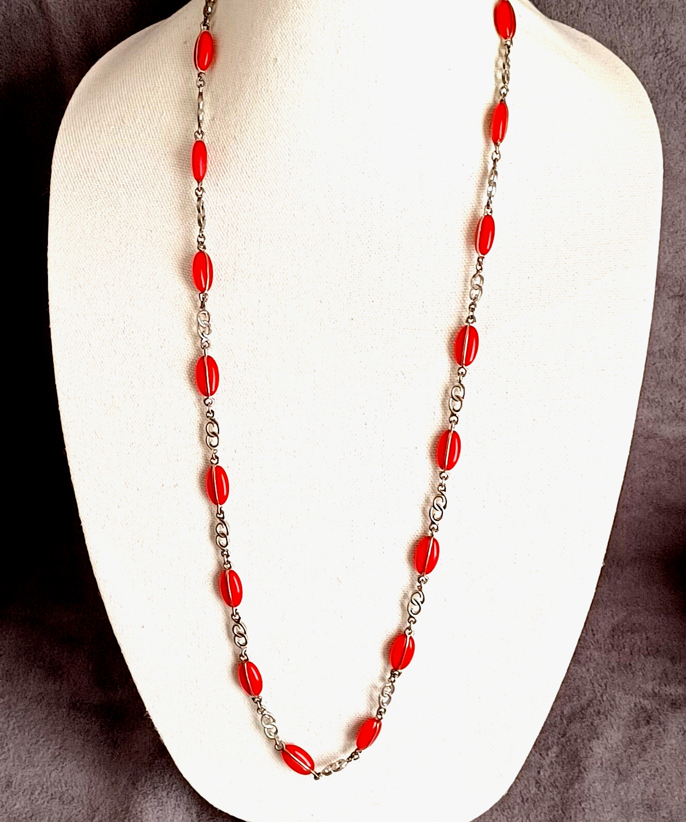 Necklace Station Red Oval Acrylic Accent Beads Silver Tone Chain Vintage 34″