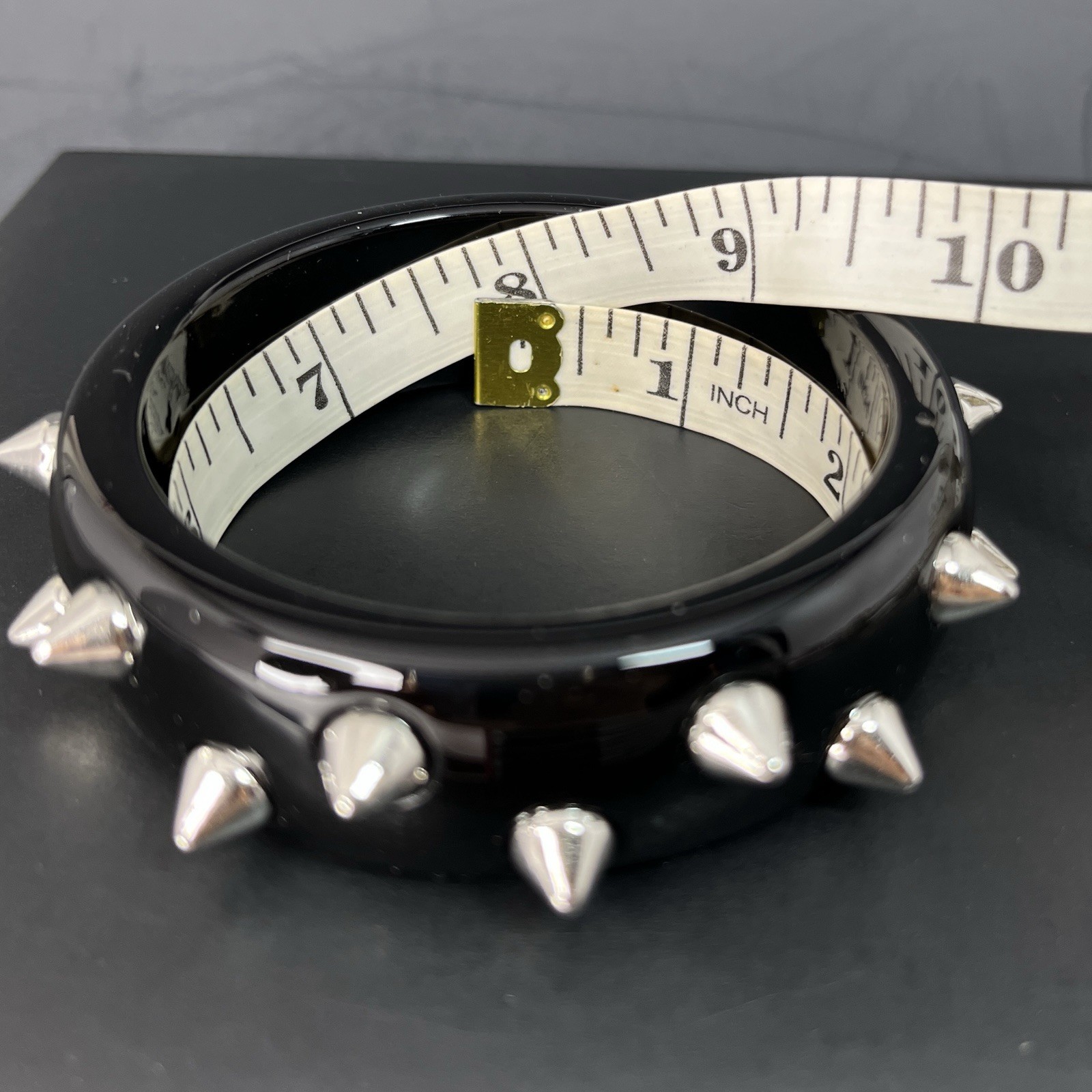 Black Lucite Bangle Bracelet Silver Spikes Punk Rock Biker Studs Retro 7.75”