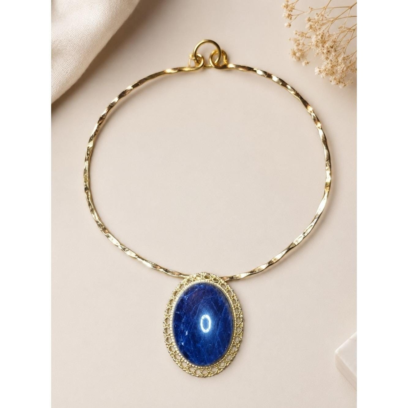 Vintage Sodalite Collar Necklace Gold Tone Statement Pendant Blue Stone Bib