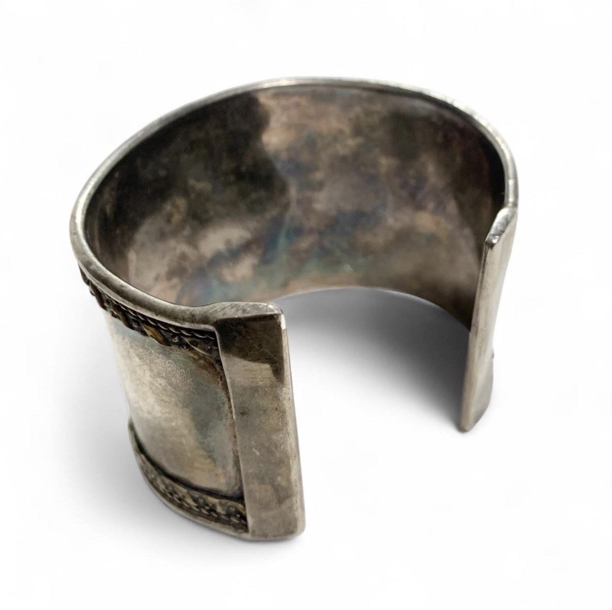 Vintage Silver Metal Cuff Bracelet with Carnelian Red Stones & Verdigris Patina