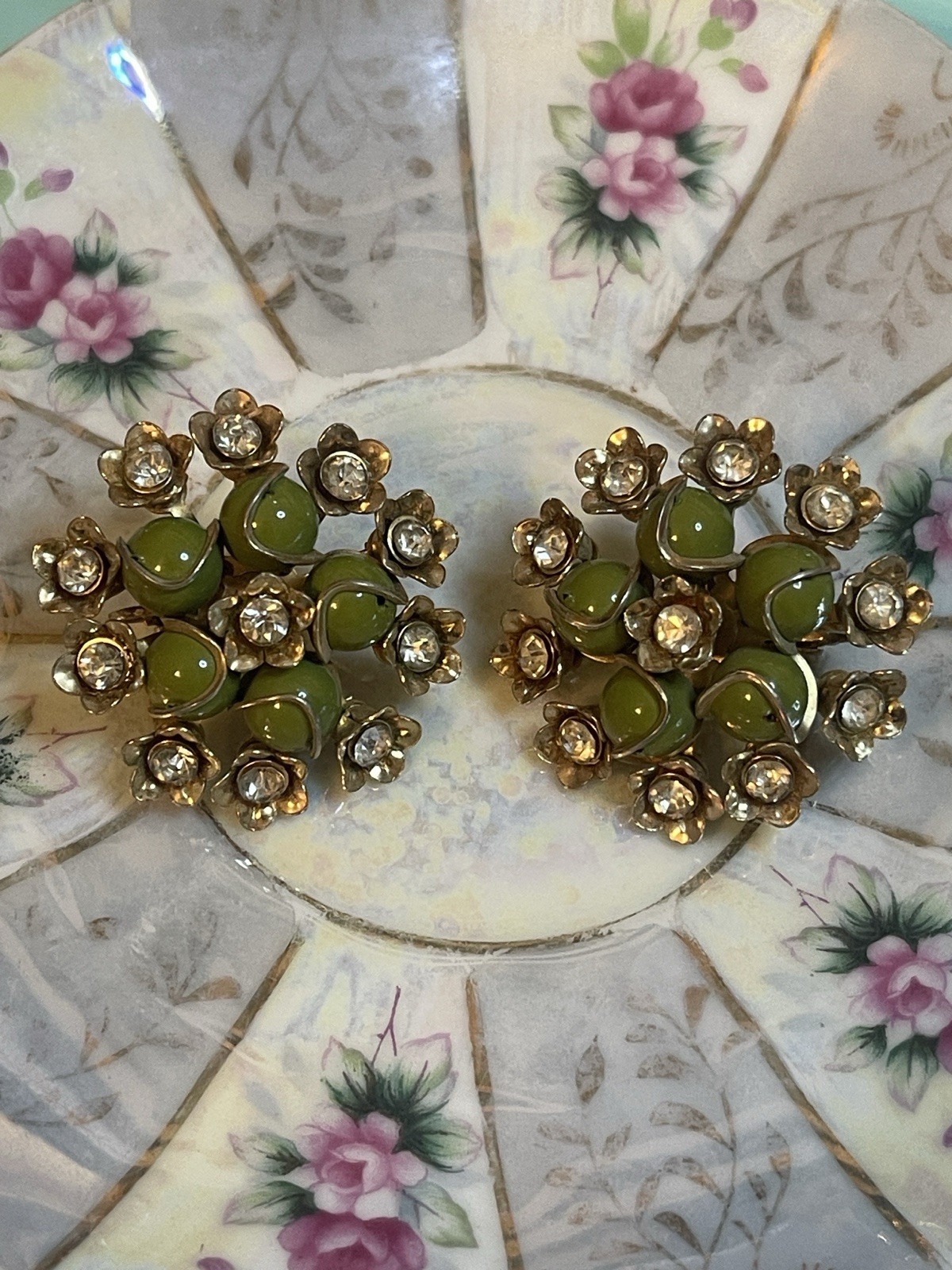 Vintage Olive Green Rhinestone Floral Motif Beaded Cluster Clip On Earrings