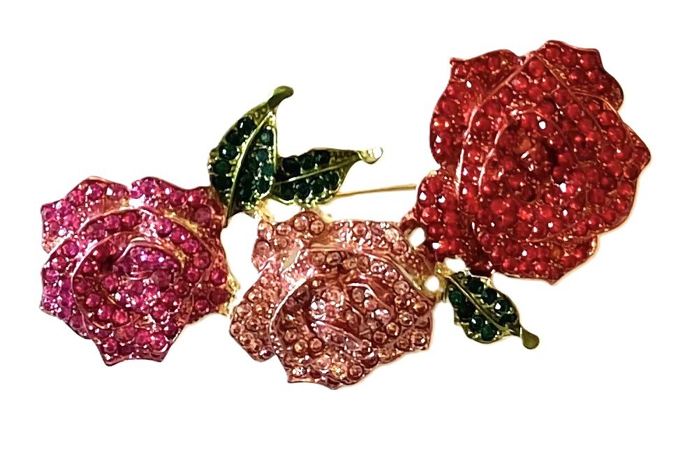 RHINESTONE FLOWER BROOCH/PENDANT! Stunning Rose Trinity Pin! Red & Pink Crystals