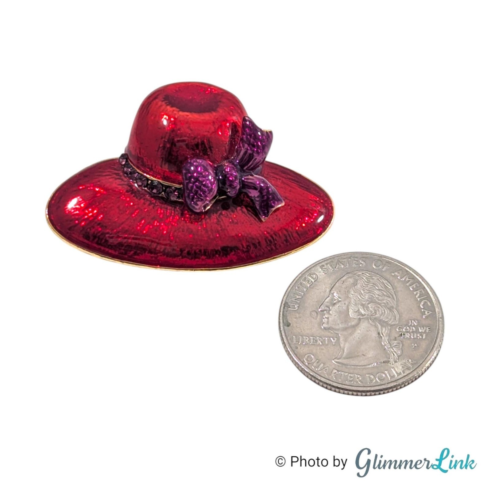 Vintage Red Enamel Hat Brooch Pendant Purple Bow Rhinestones Gold Tone