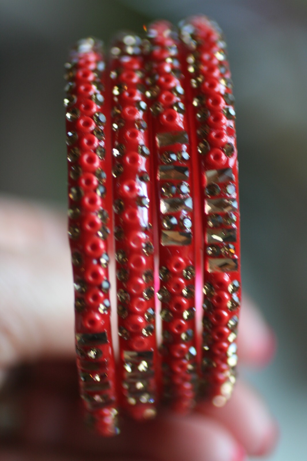 VINTAGE *FOUR RED BEADED PLASTIC BANGLES W/GOLD PIPING* VERY SMALL WRIST ONLY