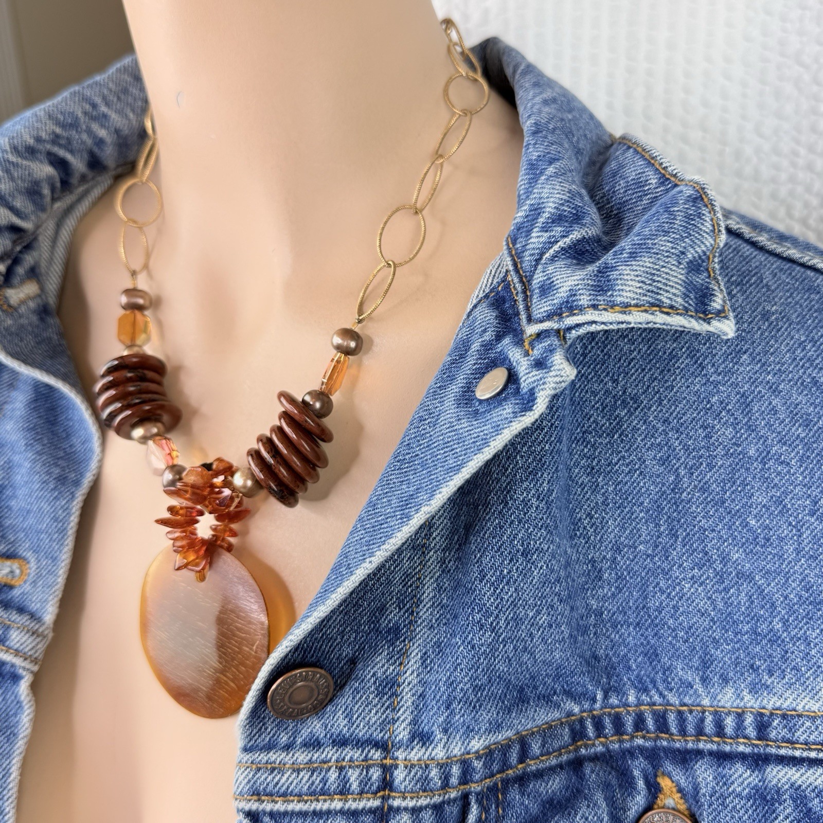 Vintage 14K Gold Filled Baltic Amber Pearl Chunky Chain Link Pendant Necklace