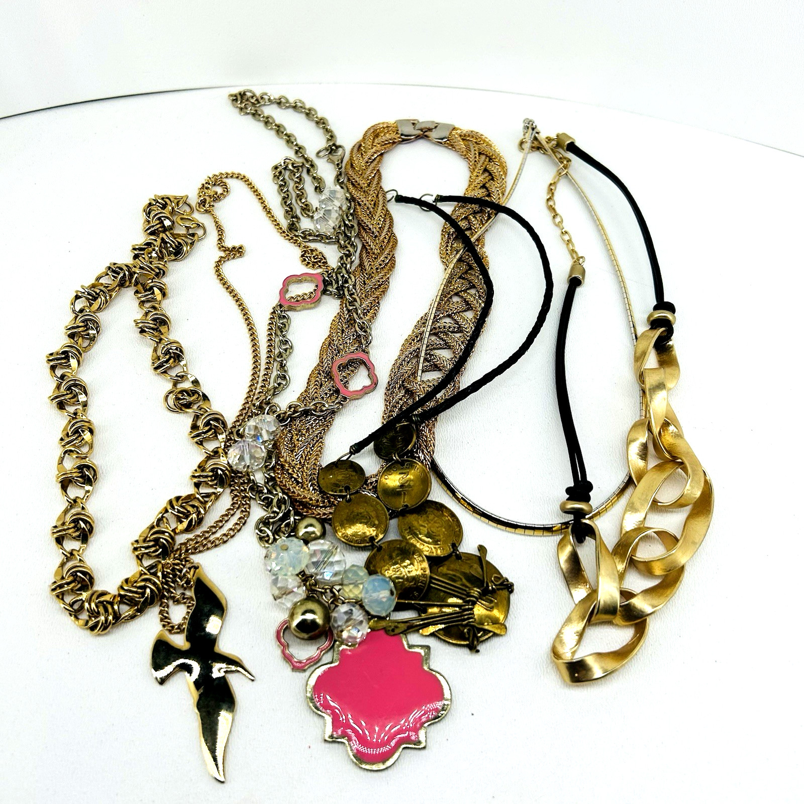 Vintage to Now Lot of 7 Gold Tone Necklaces Different Styles Designs Shapes