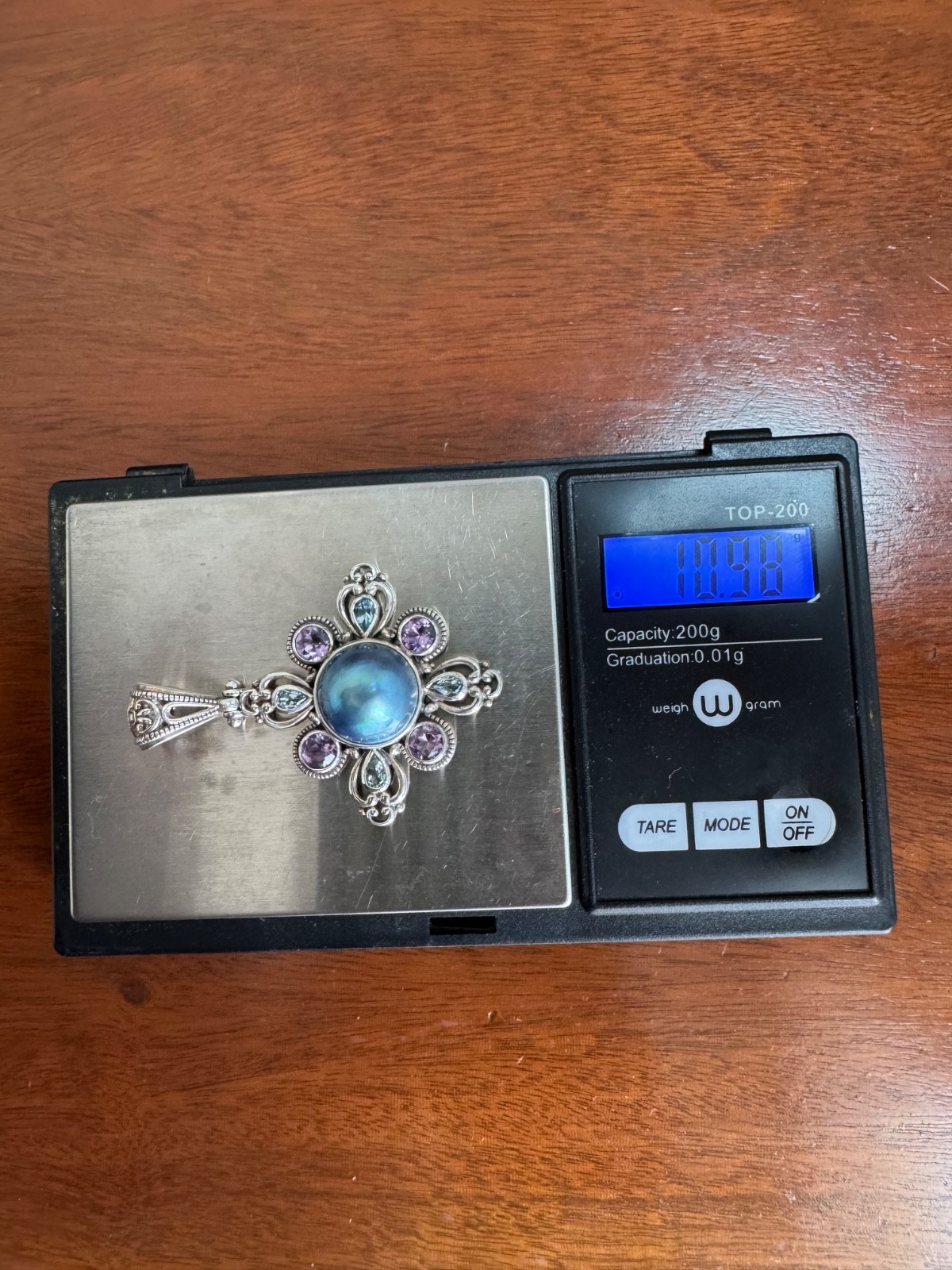 Blue pearl and blue/purple stone sterling silver 925 pendant Thailand