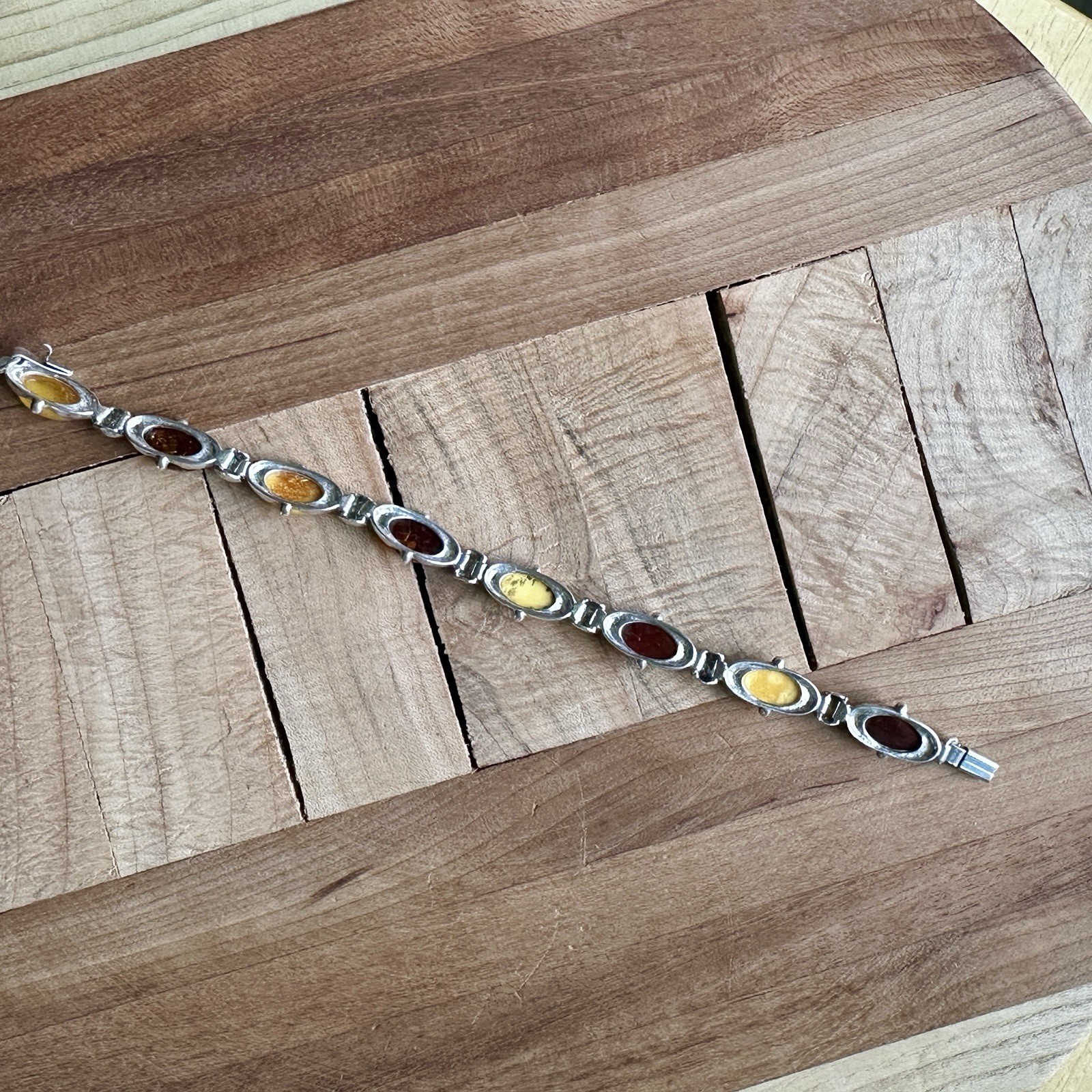 VTG Tennis Link Bracelet 7.25 inches Baltic Amber Egg Yolk 925 Sterling 14.9g