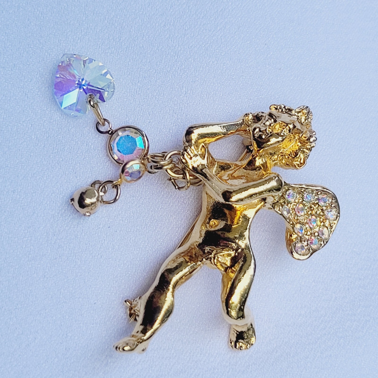 Kirks Folly Angel Brooch & Scallop Seashell Earrings Clip On Goldtone Crystals