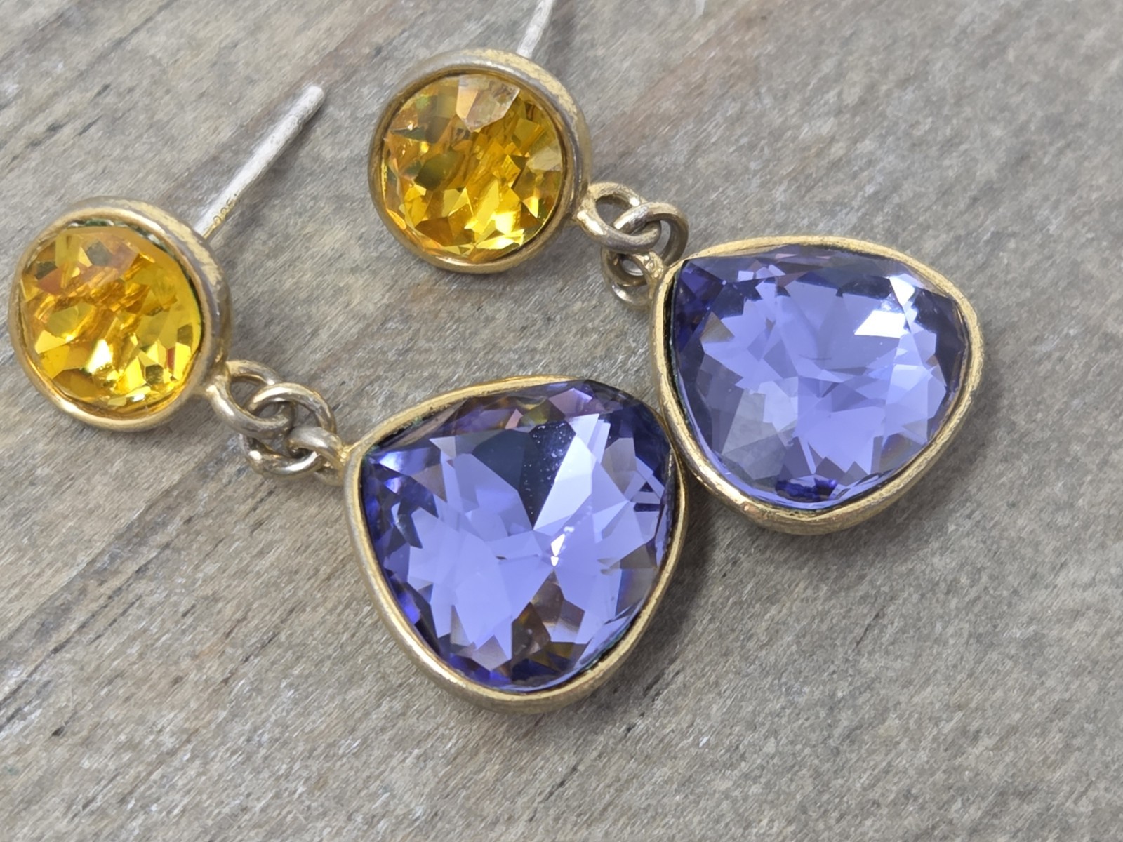 Purple & Yellow Crystal Dangle Drop Earrings Vintage Teardrop Unsigned .9″