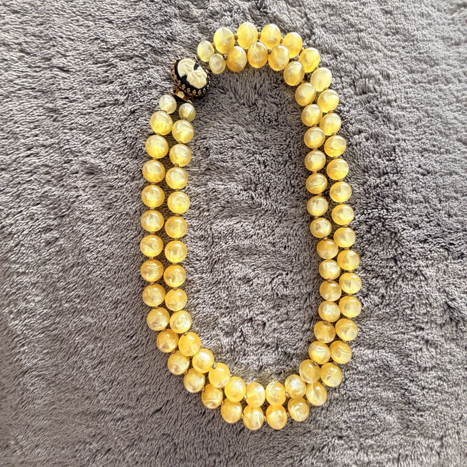 Cameo Necklace Butterscotch Vintage 1950s Yellow Lucite Double Strand
