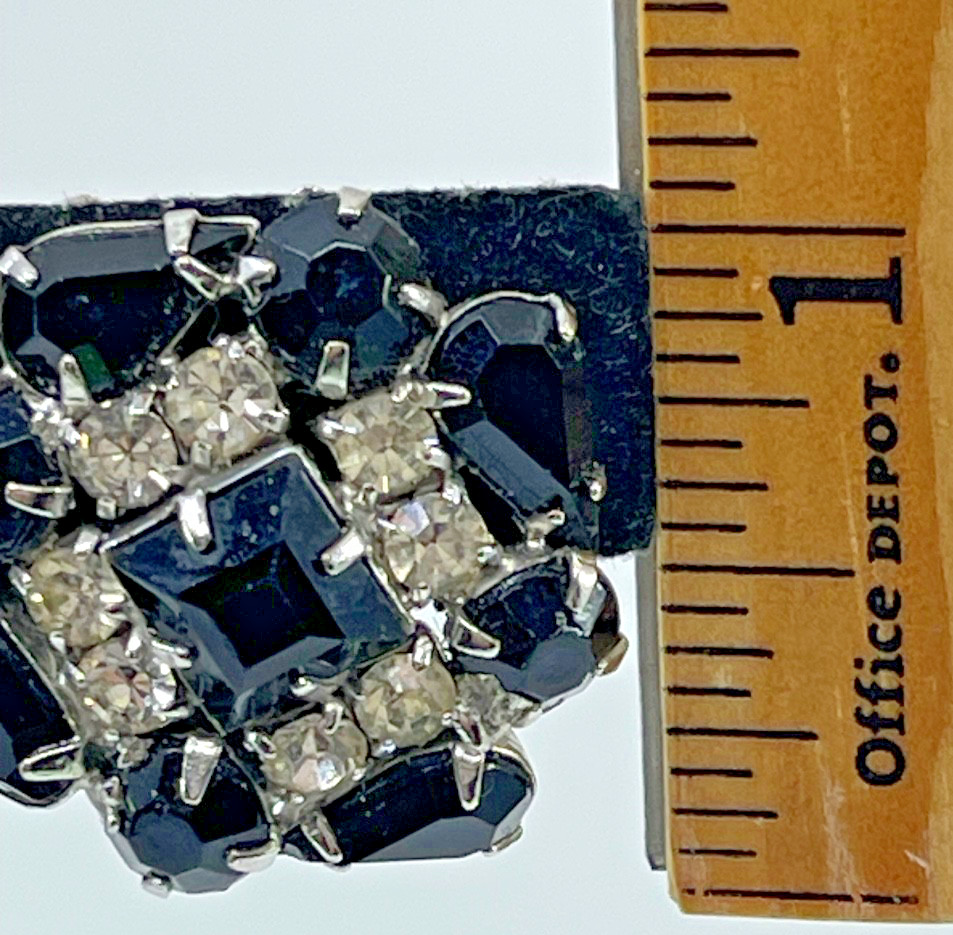 Vintage 60’S Black Clear Rhinestone Baguette Clip-On Earrings Faux Onyx