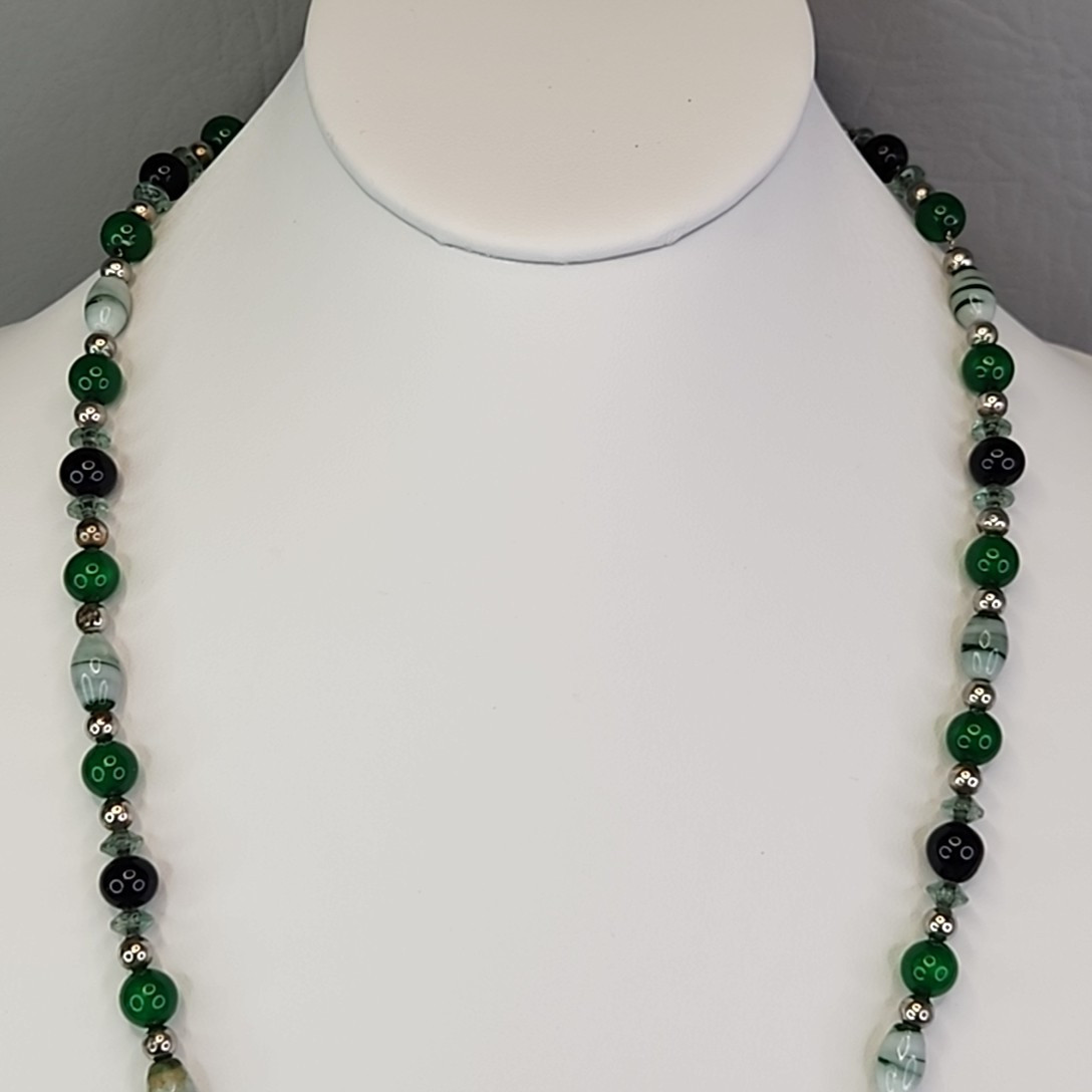 Vintage Glass Necklace Green Striped 24″