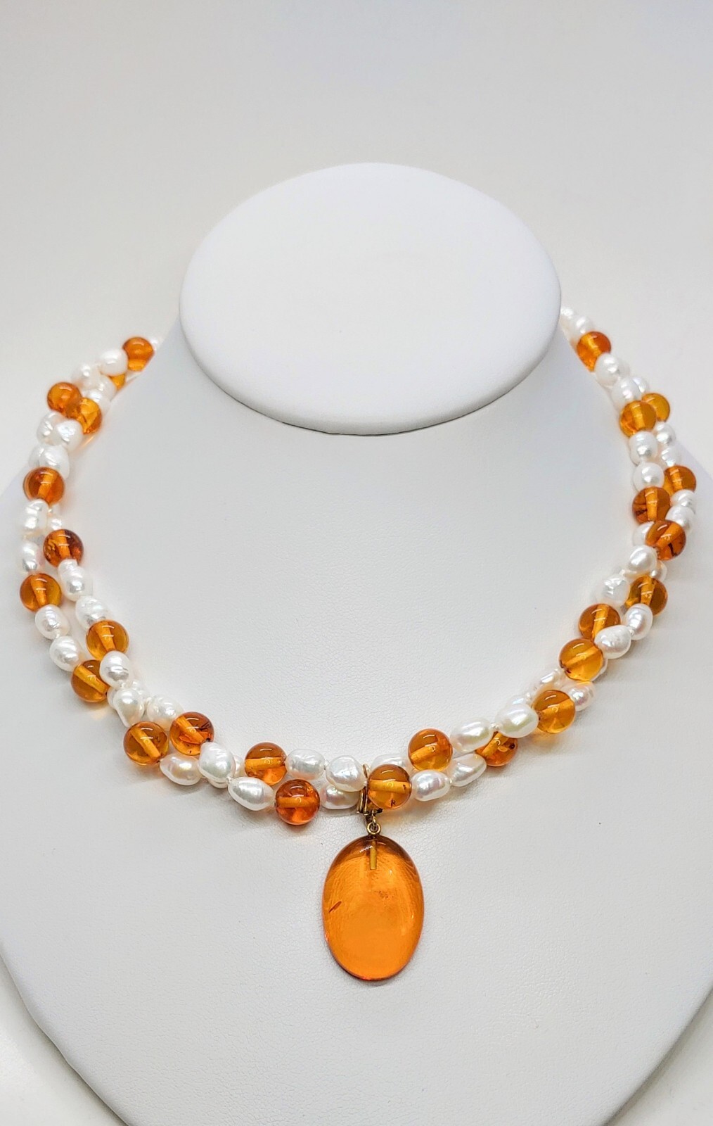 14k Gold Honey Amber Pearls Double Necklace 24″ 14k Removable Antique Pendant
