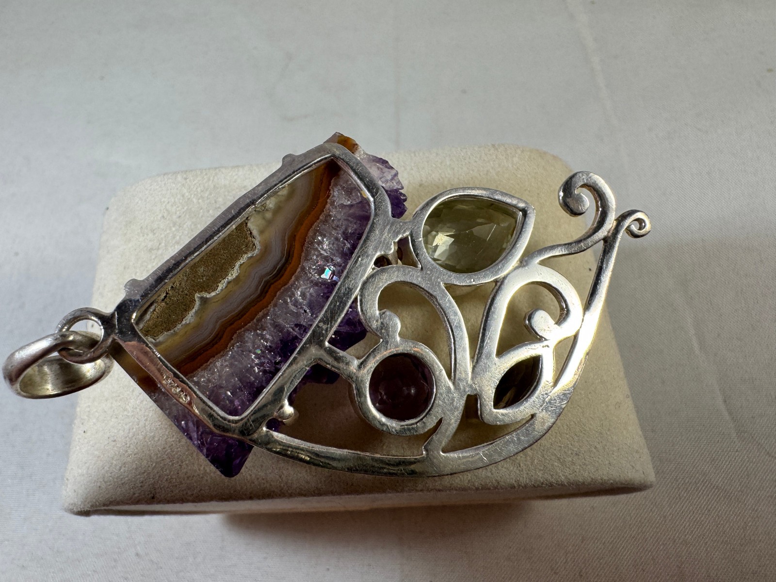 Vintage SJ Modernist sterling silver Purple Agate and crystal geode pendant