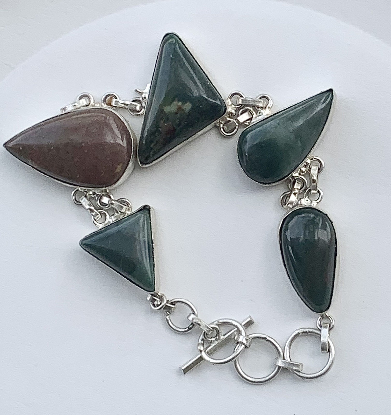 Sterling Silver 925 Bloodstone Bracelet 7–8” Vintage Green Stone Link Toggle