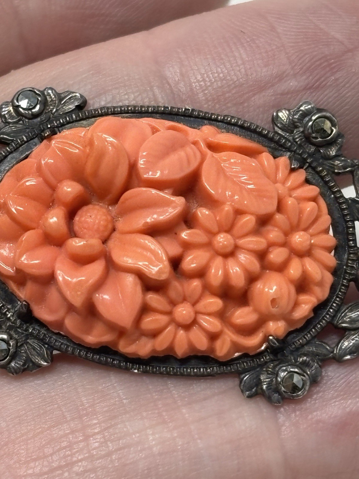 Art Deco Molded Glass Coral Marcasite Pendant Flower Design