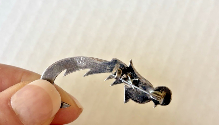 900 Sterling Guatemala QUETZAL BIRD Pin, 10k Rose Gold Wing, 2g, 1870, 1.75″