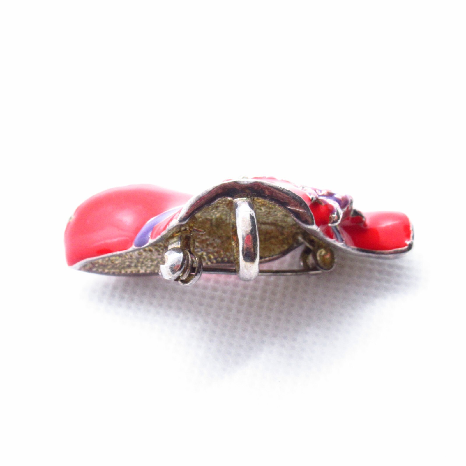 Vintage Red Hat Brooch Necklace Charm Purple Flowers Ribbon Design