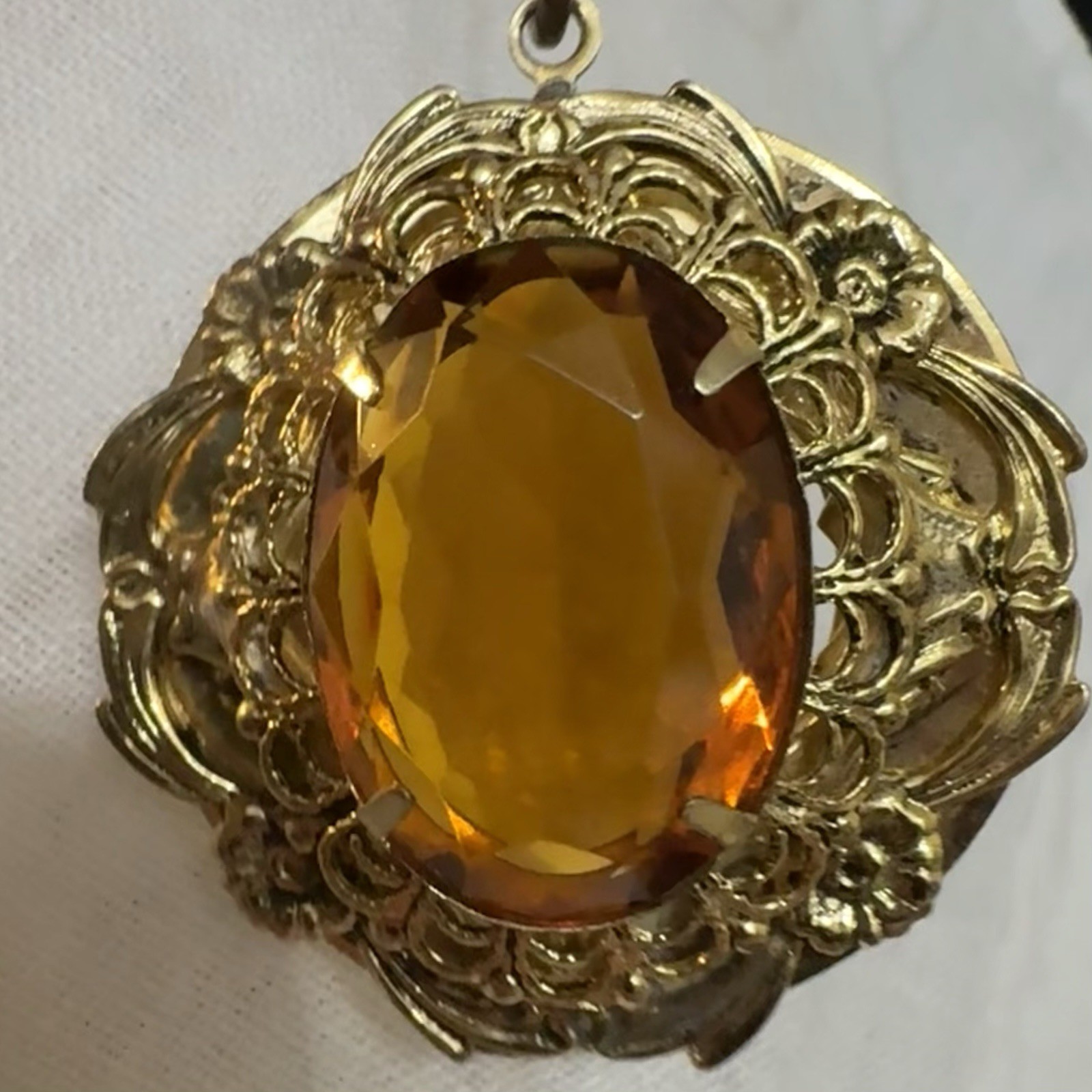 Vintage Victorian Revival Filigree Pendant Honey Amber Glass Gold Tone Ornate