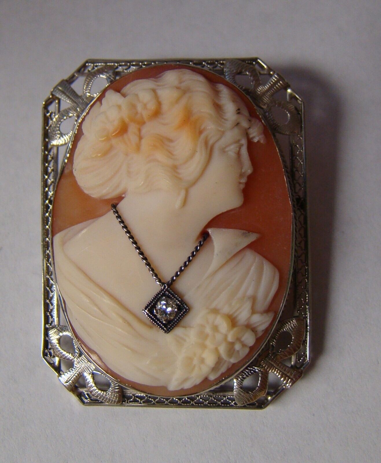 Antique Art Deco 14K White Gold Diamond Cameo Pin Brooch/Pendant 9.8g 39x30mm