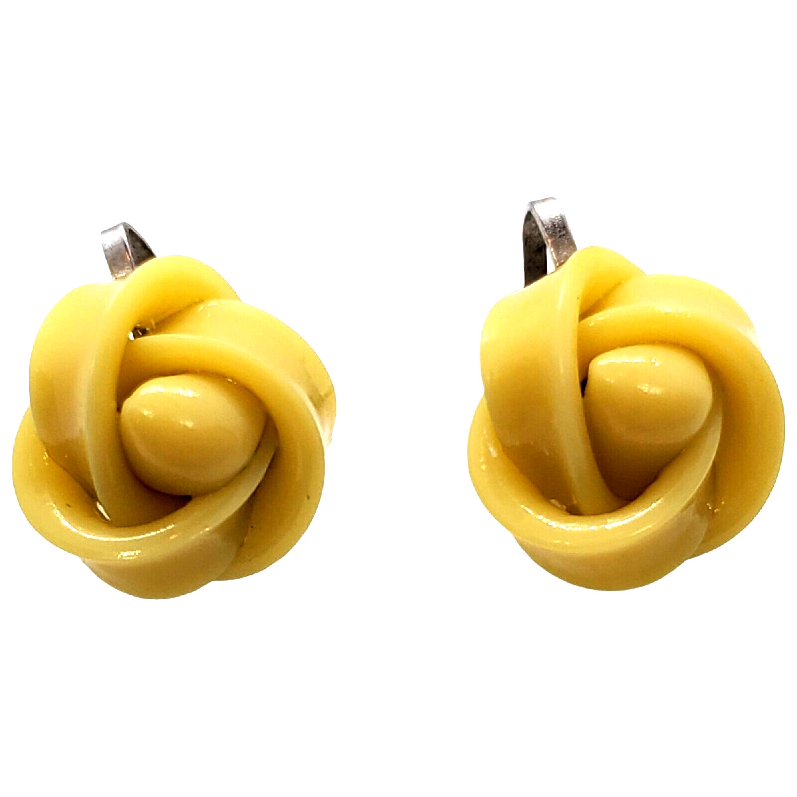 Vintage Celluloid Screw Back Earrings Yellow Rose Knot Silver Tone .5″