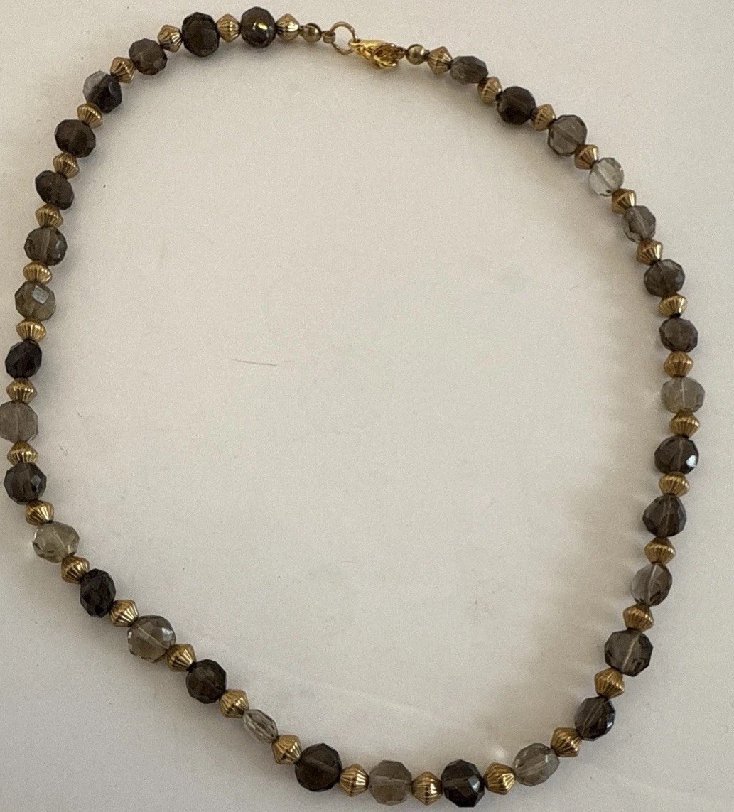 Faceted Glass Bead Necklace Flapper Bronze Tone 16.5″ L