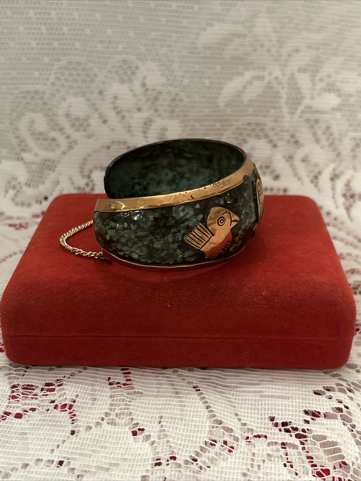 Vintage Copper & Enamel Story Cuff Bracelet With Birds~Safety Clasp