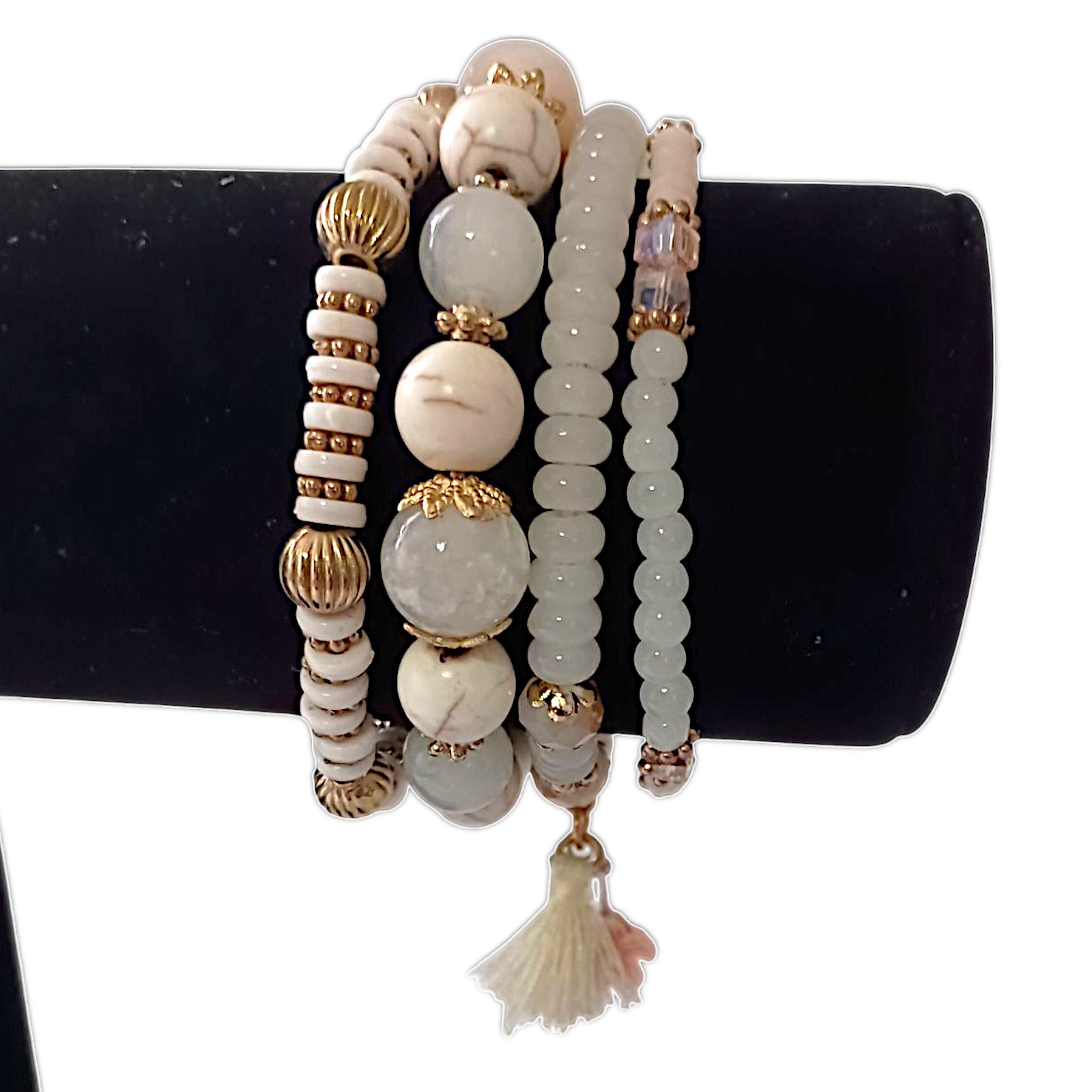 Y2K Multi Strand Beaded Bracelet Glass Stacked Floral Neutrals Fairy Indie Boho