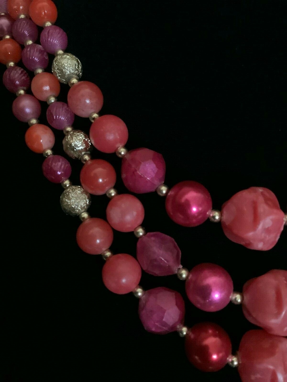 Triple Strand Vintage Pink Beads, Different shapes and tones