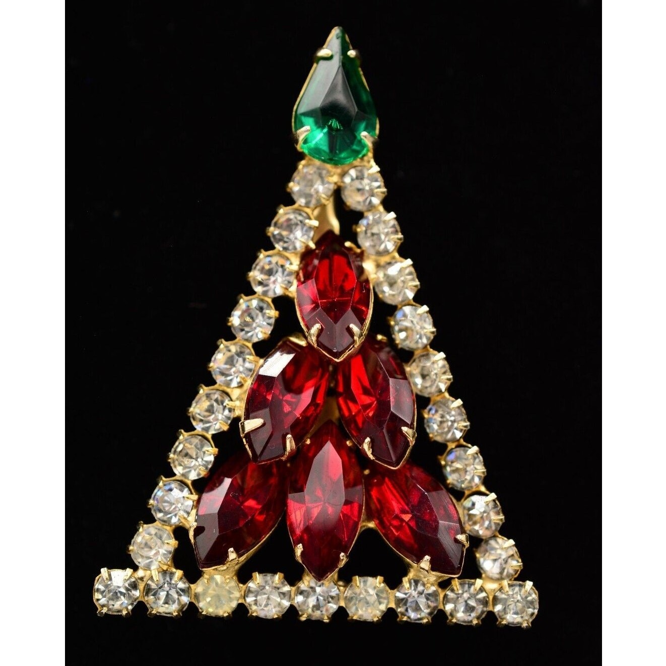 Vintage Crystal Christmas Tree Brooch Gold Green Red Marquise Rhinestone BinB